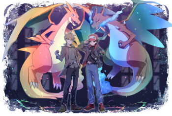 2boys 88_(einnimnech) adjusting_clothes adjusting_headwear baseball_cap belt belt_buckle black_belt black_hair black_pants black_shirt blue_oak blue_pants brown_hair buckle charizard claws closed_mouth coat commentary_request denim fanny_pack fire flame-tipped_tail gen_1_pokemon grey_coat grey_shirt hat highres holding holding_poke_ball jacket jeans lapels long_sleeves looking_to_the_side male_focus mega_charizard_x mega_charizard_y mega_pokemon multiple_boys nintendo open_mouth pants poke_ball poke_ball_(basic) pokemon pokemon_(creature) pokemon_rgby red_(pokemon) red_eyes shirt shoes short_hair smile spiked_hair standing tail twitter_username