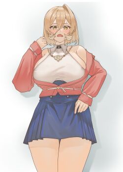 1girl alternate_hairstyle ange_katrina ange_katrina_(2nd_costume) aqua_pupils armpit_crease bare_shoulders belt blonde_hair blue_skirt blush breasts collarbone collared_shirt commentary_request cosplay cowboy_shot doidamon drop_shadow fang gold_necklace hair_between_eyes halter_shirt halterneck hand_up high-waist_skirt highres jacket jewelry large_breasts long_bangs long_sleeves looking_at_viewer medium_hair miniskirt necklace nijisanji nui_sociere open_mouth partially_open_jacket pleated_skirt red_jacket shirt shirt_tucked_in sideboob single_hair_intake skin_fang skirt skirt_hold sleeveless sleeveless_shirt solo sweat undersized_clothes virtual_youtuber white_background white_belt white_shirt yellow_eyes