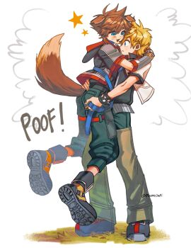 2boys absurdres animal_ears arms_around_neck black_boots black_jacket black_pants black_shirt black_shoes blue_eyes blush boots brown_hair carrying carrying_person commentary detached_sleeves dog_boy dog_ears dog_tail full_body grass green_pants hand_on_another's_ass hand_on_another's_back highres hood hood_down hooded_jacket hug jacket kingdom_hearts kingdom_hearts_iii male_focus moomusapi multiple_boys on_grass open_clothes open_jacket pants roxas shirt shoes short_hair short_sleeves sora_(kingdom_hearts) spiked_hair standing star_(symbol) surprised sweatdrop symbol-only_commentary tail transformation twitter_username white_jacket wide-eyed yaoi