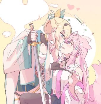 Rule 34 | 2girls, animal ears, black gloves, black pantyhose, black skirt, blue eyes, blush, collared shirt, commentary request, eye contact, fingerless gloves, gloves, hakui koyori, hand on another's chin, hateyo, heart, highres, holding, holding sword, holding weapon, hololive, katana, kazama iroha, looking at another, multiple girls, necktie, pantyhose, pink hair, pink necktie, purple eyes, purple nails, sarashi, shirt, skirt, sweat, sword, tail, test tube, virtual youtuber, weapon, white shirt, wolf ears, wolf girl, wolf tail, yellow background, yuri