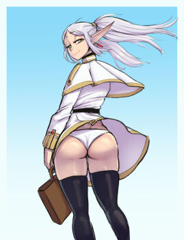 1girl alternate_legwear ass blue_background capelet commentary darkminou earrings elf english_commentary english_text frieren gradient_background green_eyes half-closed_eyes highres i_heart... jewelry long_hair long_sleeves looking_at_viewer looking_back panties parted_bangs pointy_ears simple_background smile solo sousou_no_frieren thighhighs thighs twintails underwear wedgie white_background white_panties