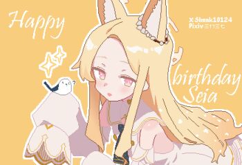Rule 34 | 1girl, absurdres, animal ear fluff, animal ears, bare shoulders, blonde hair, blue archive, character name, detached sleeves, dress, forehead, fox ears, fox girl, halo, happy birthday, hashtag-only commentary, highres, long hair, long sleeves, looking at viewer, open mouth, pink eyes, pixel art, seia (blue archive), sidelocks, sleeves past fingers, sleeves past wrists, slmnk10124, smile, solo, upper body, white dress, yellow background, yellow halo, yellow theme
