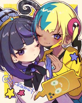 2girls ;) black_bow black_bowtie black_hair blue_eyes bow bowtie canari_(pokemon) closed_mouth commentary_request eyelashes gen_4_pokemon gloves gwynn_(pokemon) hand_on_another&#039;s_shoulder hat jacket kamui_natsuki long_sleeves mask mask_pull medium_hair mouth_mask multicolored_hair multiple_girls nail_polish nintendo one_eye_closed partially_fingerless_gloves pokemon pokemon_legends:_z-a purple_gloves rotom rotom_phone smile star_(symbol) watermark yellow_jacket yuri