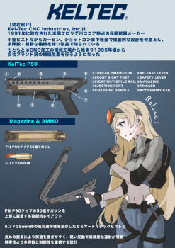 1girl ammunition ammunition_focus ammunition_profile blonde_hair blue_eyes breasts english_text fn_5.7x28mm goggles goggles_on_head gun handgun handgun_cartridge headset high-capacity_magazine horizontal_magazine japanese_text kel-tec kel-tec_p50 lithe long_hair microphone military military_uniform mixed-language_text original pdw-caliber_pistol pdw_cartridge petite pistol pistol_cartridge reloading see-through_clothes shuna_tawa small_breasts translucent trigger_discipline very_long_hair weapon weapon_focus weapon_profile weird_guns_of_the_world