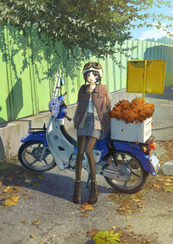 1girl absurdres autumn autumn_leaves black_boots boots box brown_jacket brown_pantyhose brown_shirt commentary day denim denim_skirt english_commentary full_body goggles goggles_on_head grey_eyes grey_hair helmet highres jacket jewelry leaf leaning_back leaning_on_object looking_at_viewer motor_vehicle motorcycle motorcycle_helmet necklace open_clothes open_jacket original outdoors pantyhose parted_lips plaid_clothes plaid_shirt shadow shirt short_hair skirt solo standing toti_(lanaq) unbuttoned white_shirt