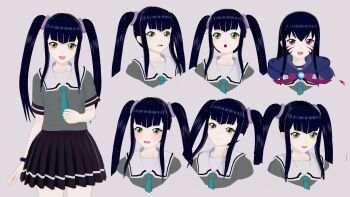 1girl 3d alternate_hairstyle artist_request black_hair breasts reference_sheet facial_tattoo fingernails highres ikkitousen long_hair looking_at_viewer multiple_views ribbon saji_genpou_(true) school_uniform shiny_clothes skirt smile tattoo twintails upper_body