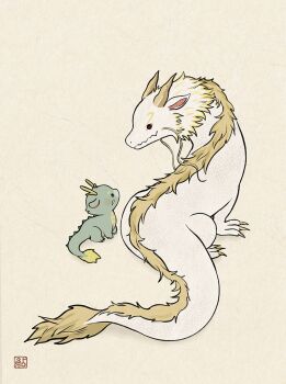 animal_focus ayu_(mog) baby_animal closed_mouth commentary_request dragon eastern_dragon highres no_humans original simple_background solid_circle_eyes yellow_background