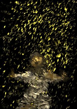 Rule 34 | 1girl, abstract, absurdres, akino suzume, black background, closed eyes, cowboy shot, dress, facing viewer, highres, impressionism, open mouth, original, outstretched arms, pointillism, solo, white dress, wide shot, yellow theme