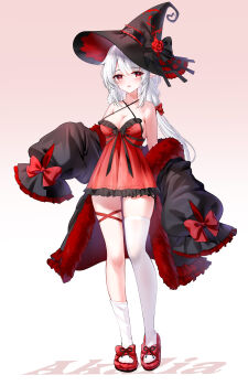 1girl absurdres akusamu asymmetrical_legwear black_bow black_hat black_jacket black_panties bow breasts cleavage commentary_request dress flower full_body fur-trimmed_jacket fur_trim gradient_background hair_bow hat hat_bow highres jacket lingerie long_hair long_sleeves looking_at_viewer low_twintails medium_breasts negligee off_shoulder open_clothes open_jacket original panties parted_lips pink_background pointy_ears puffy_long_sleeves puffy_sleeves red_bow red_dress red_eyes red_flower red_rose red_slippers rose see-through_clothes see-through_dress side-tie_panties single_sock single_thighhigh sleeves_past_fingers sleeves_past_wrists slippers socks solo thighhighs twintails underwear very_long_hair white_background white_hair white_socks white_thighhighs witch_hat