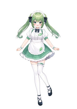 1girl :d apron black_bow black_shoes blush bow breasts chitetan collared_shirt commentary_request copyright_request dress_shirt frilled_apron frilled_skirt frills full_body green_eyes green_hair hair_between_eyes hair_ornament heart long_hair maid medium_breasts open_mouth puffy_short_sleeves puffy_sleeves shirt shoes short_sleeves sidelocks simple_background skirt smile solo standing standing_on_one_leg thighhighs twintails very_long_hair virtual_youtuber watermark white_apron white_background white_shirt white_thighhighs wrist_cuffs