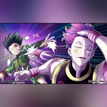 2boys artist_name child clenched_teeth closed_mouth gon_freecss hand_on_own_head highres hisoka_morow hunter_x_hunter long_sleeves male_focus multiple_boys red_hair setsu_blue short_hair teeth