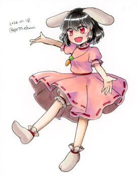 1girl :d animal_ears arm_up artist_name black_hair bloomers blush breasts carrot_necklace commentary_request dated dress floppy_ears hair_between_eyes inaba_tewi jewelry necklace no_nose one-hour_drawing_challenge open_hands open_mouth pendant pink_dress proton puffy_short_sleeves puffy_sleeves rabbit_ears rabbit_girl red_eyes ribbon-trimmed_dress ribbon_trim short_hair short_sleeves simple_background small_breasts smile socks solo touhou twitter_username underwear wavy_hair white_background white_bloomers white_socks