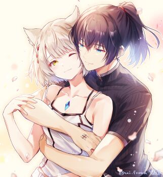 1boy 1girl animal_ears bare_shoulders black_shirt blue_eyes breasts cat_ears cat_girl chest_jewel couple grey_hair hetero high_ponytail highres hug hug_from_behind long_hair medium_breasts mio_(xenoblade) noah_(xenoblade) one_eye_closed ponytail shirt short_hair spaghetti_strap tank_top ui_frara upper_body white_background white_tank_top xenoblade_chronicles_(series) xenoblade_chronicles_3 yellow_eyes