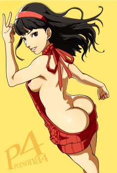 1girl amagi_yukiko ass bare_back black_hair breasts brown_eyes butt_crack hairband long_hair looking_at_viewer looking_back medium_breasts nipples persona persona_4 shin_megami_tensei simple_background solo straight_hair sunbeam_(artist) v victory_pose virgin_killer_sweater