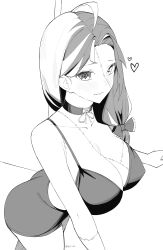 Rule 34 | 1girl, absurdres, ahoge, bikini, bikini top only, blunt ends, blush, breasts, byeon dha, choker, commentary, diamond-shaped pupils, diamond (shape), english commentary, greyscale, hair over shoulder, highres, hololive, hololive indonesia, kureiji ollie, large breasts, long hair, looking at viewer, mismatched pupils, monochrome, multicolored hair, parted hair, parted lips, patchwork skin, sallie (kureiji ollie), solo, stitched arm, stitched face, stitched torso, stitches, swimsuit, symbol-shaped pupils, x-shaped pupils, zombie