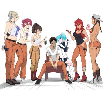 Rule 34 | 1boy, 5girls, absurdres, agetama, backwards hat, blonde hair, blue hair, boots, box, box of chocolates, braid, brown hair, chair, char's counterattack, character request, commentary request, dark-skinned female, dark skin, emerelda zubin, gundam, gundam hathaway's flash, hala morley, hat, hathaway noa, high ponytail, highres, jewelry, julia suga, mihessia hence, multicolored hair, multiple girls, necklace, orange pants, pants, ponytail, quess paraya, red hair, sitting, smile, twin braids, twintails, two-tone hair, valentine, vest, white vest