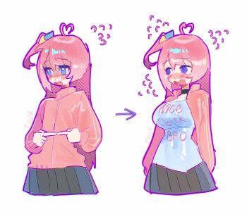 @_@ ahoge arrow_(symbol) black_choker black_skirt blue_eyes blush bocchi_the_rock! breasts choker covered_navel cube_hair_ornament english_text gotoh_hitori hair_ornament heart heart_ahoge highres large_breasts long_hair looking_to_the_side multiple_views pink_hair pink_track_suit pleated_skirt print_shirt shirt simple_background skirt track_suit tuiffff white_background white_shirt