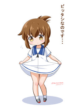 1girl blue_sailor_collar brown_eyes brown_hair commentary_request cosplay dress folded_ponytail hat hiburi_(kancolle) hiburi_(kancolle)_(cosplay) inazuma_(kancolle) kantai_collection long_hair masara_(chuujou) one-hour_drawing_challenge sailor_collar sailor_hat short_sleeves simple_background skirt_hold solo standing translation_request white_background white_dress