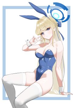 1girl absurdres animal_ears bare_shoulders blonde_hair blue_archive blue_eyes blue_leotard bow braid breasts cbwook cleavage closed_mouth collarbone commentary covered_navel expressionless fake_animal_ears feet_out_of_frame hair_bow halo highleg highleg_leotard highres large_breasts leotard long_hair looking_at_viewer multicolored_hair official_alternate_costume playboy_bunny rabbit_ears sidelocks sitting skindentation solo strapless strapless_leotard streaked_hair thighhighs thighs toki_(blue_archive) toki_(bunny)_(blue_archive) v very_long_hair white_background white_thighhighs wrist_cuffs
