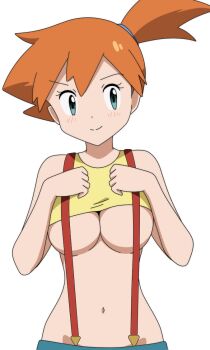 1girl alternate_breast_size_(larger) aqua_eyes bare_arms bare_shoulders breasts commentary commentary_request looking_at_viewer medium_breasts misty_(pokemon) mnkr98 navel nintendo orange_hair paid_reward_available pokemon shorts side_ponytail simple_background smile solo stomach suspender_shorts suspenders tank_top underboob upper_body white_background yellow_tank_top