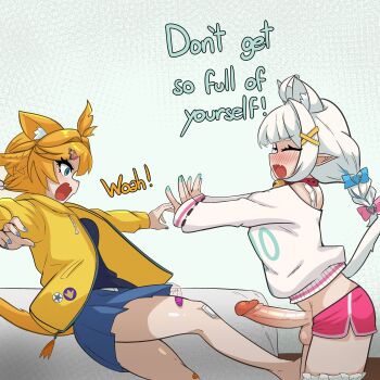1futa 1girl absurdres ahoge animal_ear_fluff animal_ears blonde_hair blue_skirt blush breasts cat_ears cat_girl cat_tail clothes_pull densetsu.exe dokibird english_text erection from_side futa_with_female futanari green_eyes hair_ornament highres indie_virtual_youtuber jacket long_hair medium_breasts mint_fantome multiple_girls open_clothes open_jacket open_mouth penis pink_shorts pointy_ears pushing shorts shorts_pull skirt sweater tail uncensored virtual_youtuber white_hair white_sweater x_hair_ornament yellow_jacket zerhin