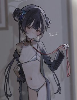 ... 1girl areola_slip bdsm bikini bikini_pull black_coat black_hair blue_archive blurry blurry_background blush bra bra_pull breasts breath butterfly_hair_ornament clothes_pull coa_(35_seno) coat collar collarbone commentary double_bun eyelashes grey_eyes hair_bun hair_ornament highres holding holding_leash kisaki_(blue_archive) leash loli long_hair micro_bikini navel off_shoulder shadow slave small_breasts solo steam striped_clothes striped_coat sweatdrop swimsuit twintails underwear vertical-striped_clothes vertical-striped_coat very_long_hair white_bikini