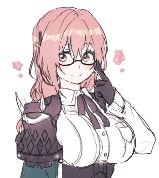 Rule 34 | 1girl, 5rwpvc, armor, black gloves, blush, breasts, closed mouth, dress shirt, glasses, gloves, hair between eyes, highres, large breasts, long hair, looking at viewer, pink eyes, pink hair, shirt, shoulder armor, sidelocks, simple background, smile, solo, tsukishiro yanagi, upper body, white background, white shirt, zenless zone zero