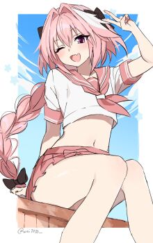 1boy astolfo_(fate) astolfo_(sailor_paladin)_(fate) black_bow blush bow braid cloud commentary crop_top crossdressing crossdressing_(mtf) english_commentary fang fate/grand_order fate_(series) hair_between_eyes hair_bow hair_intakes highres long_hair looking_at_viewer male_focus miniskirt multicolored_hair official_alternate_costume one_eye_closed open_mouth pink_hair pink_sailor_collar pleated_skirt purple_eyes sailor_collar school_uniform serafuku short_sleeves single_braid sitting skin_fang skirt sky solo star_(symbol) stomach streaked_hair trap twitter_username v very_long_hair wai1010 white_hair