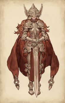 1girl armor cape closed_mouth commentary covered_eyes english_commentary full_body gauntlets greaves helmet highres long_hair nrcgray original pauldrons red_cape red_hair shoulder_armor smile solo standing visor_(armor) wavy_hair winged_helmet yellow_background