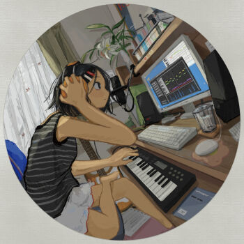 1girl absurdres amamoto_air barefoot black_eyes black_hair book border chair closed_mouth commentary_request computer computer_keyboard computer_mouse cup curtains electric_guitar fender_stratocaster flower guitar hair_ornament hairclip headphones highres indoors instrument keyboard_(instrument) microphone monitor original plant short_hair shorts sitting solo speaker striped_tank_top tank_top white_flower white_shorts window_(computing)