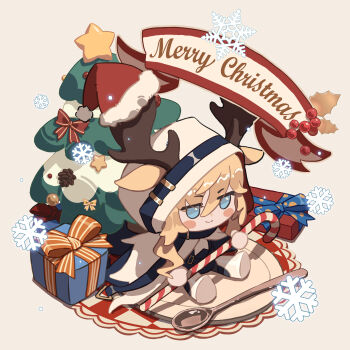 1girl absurdres blonde_hair blue_eyes blush_stickers boots box candy candy_cane chibi chibi_only christmas christmas_ornaments christmas_tree closed_mouth fake_antlers food full_body gift gift_box hair_between_eyes hat highres long_hair merry_christmas original red_hat santa_hat sitting smile snowflakes solo tianqiyubao_euc white_boots white_hat