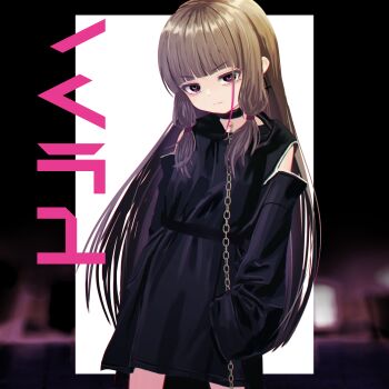 1girl black_collar black_jacket bored brown_hair chain chain_leash clothing_cutout collar commentary_request cowboy_shot cross cross_earrings earrings flat_chest hebizuka_touka highres hitnex j-core jacket jewelry jitome kobaryo leash long_hair long_sleeves looking_at_viewer low-tied_sidelocks official_art ringed_eyes shoulder_cutout sidelocks simple_background solo standing streetwear very_long_hair