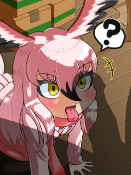 1boy 1girl ? all_fours bad_source bird_girl bird_tail bird_wings blush box cardboard_box erection eyelashes feathered_wings fence greater_flamingo_(kemono_friends) hasiotaichou head_wings highres indoors jacket kemono_friends kemono_friends_3 long_hair mushroom necktie on_floor open_mouth penis penis_awe penis_shadow phallic_symbol pink_footwear pink_hair pink_jacket pink_scarf pink_skirt scarf shadow skirt smile speech_bubble tail tongue tongue_out wings wooden_fence wooden_floor yellow_eyes