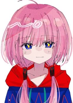 1girl blue_eyes blue_jacket braid hood hood_down hooded_jacket jacket kaf_(kamitsubaki_studio) kamitsubaki_studio long_hair looking_at_viewer low_twin_braids multicolored_eyes multicolored_jacket pink_hair red_hood simple_background solo tagme twin_braids upper_body uyu075 virtual_youtuber white_background yellow_pupils