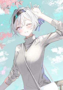 1girl absurdres alternate_costume alternate_hairstyle aqua_nails arm_up bag black_hairband blue_pupils blue_sky breasts cloud commentary_request firefly_(honkai:_star_rail) grey_hair grey_sweater grin hair_between_eyes hair_up hairband highres honkai:_star_rail honkai_(series) jewelry light_blush long_sleeves looking_at_viewer medium_breasts nail_polish necklace nei1122 one_eye_closed purple_eyes railing shoulder_bag sky smile solo sweater turtleneck turtleneck_sweater upper_body white_bag wooden_railing