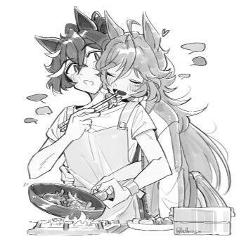 2girls animal_ears apron chopsticks cooking feeding food food_art greyscale horse_ears horse_girl horse_tail katsuragi_ace_(umamusume) le0niigo monochrome mr._c.b._(umamusume) multiple_girls open_mouth tail tako-san_wiener umamusume yuri