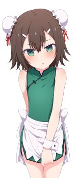 Rule 34 | 1boy, absurdres, apron, baka to test to shoukanjuu, blush, bun cover, china dress, chinese clothes, commentary request, crossdressing, crossdressing (mtf), double bun, dress, hair between eyes, hair bun, hair ornament, hair ribbon, hairclip, highres, kinoshita hideyoshi, male focus, na-suke, red ribbon, ribbon, short hair, simple background, sleeveless, sleeveless dress, solo, standing, thighs, trap, waist apron, white background