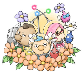 1girl 2boys alph_(pikmin) big_nose black_eyes black_skin blue_eyes blue_hair blue_pikmin blue_skin brittany_(pikmin) brown_hair buttons charlie_(pikmin) closed_mouth colored_skin commentary_request dark-skinned_male dark_skin everyone facial_hair flower flying freckles glasses half-closed_eyes helmet insect_wings leaf looking_at_viewer mohawk multiple_boys mustache naru_(wish_field) nintendo no_mouth orange_flower pikmin_(creature) pikmin_(series) pikmin_3 pink_hair pink_skin pointy_ears pointy_nose purple_flower radio_antenna red-framed_eyewear red_pikmin red_skin rock rock_pikmin short_hair simple_background smile solid_circle_eyes solid_eyes space_helmet spacesuit straight-on triangle_mouth triangular_eyewear upper_body very_short_hair vignetting whistle white_background white_flower winged_pikmin wings yellow_pikmin yellow_skin