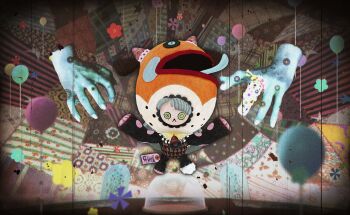 abstract abstract_background artist_request balloon chair commentary creature creature_focus disembodied_hand doll film_grain flower game_cg goat goat_hat hat highres mahou_shoujo_madoka_magica mahou_shoujo_madoka_magica:_hangyaku_no_monogatari mahou_shoujo_madoka_magica_magia_exedra nightmare_(madoka_magica) no_humans official_art price_tag solo third-party_source yagi_no_ko_no_yume