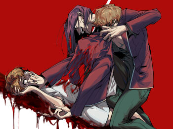 2boys advanced_nurturing_high_school_uniform ayanokouji_kiyotaka black_shirt blazer blood blood_on_clothes blood_string brown_eyes brown_hair collared_shirt crying crying_with_eyes_open dual_persona green_pants hand_on_another&#039;s_face hand_up highres jacket long_sleeves looking_at_another looking_up male_focus multiple_boys open_mouth pants pectoral_cleavage pectorals purple_eyes purple_hair red_background red_jacket ryuuen_kakeru school_uniform shirt short_hair short_sleeves smile tears white_shirt wing_collar yellow_trim yizhongziwei youkoso_jitsuryoku_shijou_shugi_no_kyoushitsu_e