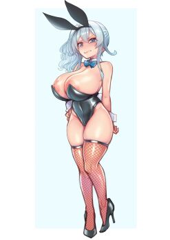 1girl absurdres animal_ear_hairband animal_ears areola_slip bare_shoulders black_leotard black_shoes blue_bow blue_eyes blue_hair blush bow bowtie breasts cleavage commentary_request curvy detached_collar disgust fake_animal_ears fake_tail fishnet_pantyhose fishnets hair_between_eyes hairband hand_on_own_hip high_heels highleg highleg_leotard highres huge_breasts kagami_uekusa large_areolae leotard long_hair nijisanji nipples pantyhose playboy_bunny rabbit_ear_hairband rabbit_ears rabbit_tail shoes shortstack side_ponytail simple_background skindentation solo strapless strapless_leotard tail thighs virtual_youtuber white_background white_wrist_cuffs wide_hips wrist_cuffs yukishiro_mahiro