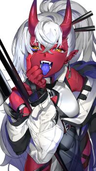 1girl :p akanbe akumi_(yoclesh) blue_tongue breasts colored_skin colored_tongue commentary commission earrings eyelid_pull fangs finger_to_eye hair_between_eyes highres horns jewelry large_breasts long_hair long_sleeves looking_at_viewer mayuri_kaichou nail_polish off_shoulder oni pointy_ears ponytail red_horns red_oni red_skin scar scar_on_arm scar_on_face scar_on_leg simple_background skeb_commission solo teeth tongue tongue_out very_long_hair virtual_youtuber vyugen white_background white_hair yellow_eyes