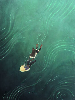 1boy 1girl absurdres black_gloves black_hair black_pants black_skirt black_thighhighs blonde_hair blue_sweater boots cairn09 cloud_strife commentary_request elbow_gloves falling final_fantasy final_fantasy_vii final_fantasy_vii_remake floating full_body gloves gradient_background green_background highres lifestream light_particles long_hair low-tied_long_hair pants reaching reaching_towards_another red_boots short_hair skirt spiked_hair suspenders sweater tank_top thighhighs tifa_lockhart white_tank_top