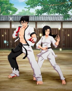 1boy 1girl absurdres black_hair brother_and_sister brown_eyes dojo dougi highres karate_gi kassichan kazama_jin kazama_mikoto namco siblings tekken
