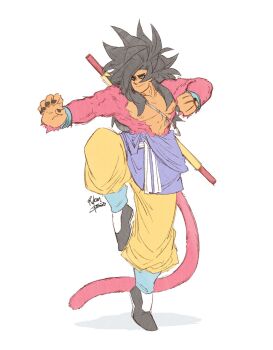 Rule 34 | 1boy, bare pectorals, belt, black hair, black nails, black shoes, blue shirt, blue socks, bo staff, body fur, circular shadow, clothes around waist, commentary, cosplay, dragon ball, dragon ball gt, english commentary, facing viewer, fingernails, flat color, full body, highres, journey to the west, leg lift, leg up, long hair, martial arts belt, monkey boy, monkey tail, muscular, muscular male, nail polish, pants, pectorals, red fur, ruyi jingu bang, rykun dsz, shirt, shirt around waist, shoes, signature, socks, solo, son goku, spiked hair, standing, standing on one leg, sun wukong, sun wukong (cosplay), super saiyan, super saiyan 4, tail, tan, topless male, white background, white belt, yellow eyes, yellow pants