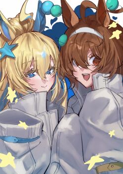2girls absurdres agnes_tachyon_(uma_stars)_(umamusume) agnes_tachyon_(umamusume) ahoge animal_ears antennae blue_eyes brown_hair colored_eyelashes colored_inner_animal_ears colored_inner_hair commentary_request ear_covers fake_antennae hair_between_eyes hair_ornament hairband high_collar high_ponytail highres horse_ears horse_girl jacket kago1zq lightning_ahoge multicolored_hair multiple_girls neo_universe_(uma_stars)_(umamusume) neo_universe_(umamusume) official_alternate_hairstyle open_mouth ponytail red_eyes single_ear_cover sleeves_past_fingers sleeves_past_wrists smile star_(symbol) star_hair_ornament teeth uma_stars_(umamusume) umamusume upper_teeth_only white_hairband white_jacket
