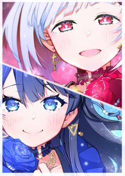 2girls :d blue_dress blue_eyes blue_flower blue_hair blue_rose blush closed_mouth collarbone commentary_request dollchestra dress earrings flower frilled_dress frills half-closed_eyes jewelry link!_like!_love_live! love_live! mole mole_on_neck multiple_girls murano_sayaka open_mouth red_dress red_eyes red_flower red_rose repunit rose smile split_mouth triangle_earrings virtual_youtuber yugiri_tsuzuri