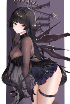 1girl :3 absurdres ahoge arknights artist_name black_dress black_eyes black_hair black_halo black_wings blunt_bangs bodystocking border character_name closed_mouth commentary_request cowboy_shot dress from_side halo highres hime_cut leaning_forward long_hair looking_at_viewer mole mole_under_eye official_alternate_costume own_hands_together pillarboxed remico skindentation solo standing thick_thighs thigh_strap thighs very_long_hair virtuosa_(arknights) virtuosa_(diversity_oneness)_(arknights) white_border wings yellow_pupils