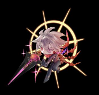 Rule 34 | 1boy, aiming, black background, bodysuit, chibi, commentary request, fate/grand order, fate (series), firing, floating, frown, full body, heterochromia, highres, holding, holding polearm, holding weapon, karna (fate), kirinaoshi, looking down, polearm, short hair, solo, star (symbol), vasavi shakti (fate), weapon, white hair