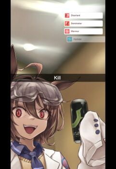 1girl agnes_tachyon_(tach-nology)_(umamusume) agnes_tachyon_(umamusume) ahoge blue_necktie blue_shirt brown_hair can ceiling collared_shirt crazy_smile english_text fake_phone_screenshot fake_screenshot gameplay_mechanics goggles goggles_on_head highres holding holding_can horse_girl kyl490 lab_coat monster_energy necktie open_mouth red_eyes selfie shirt sleeves_past_fingers sleeves_past_wrists smile snapchat solo teeth umamusume upper_teeth_only vest